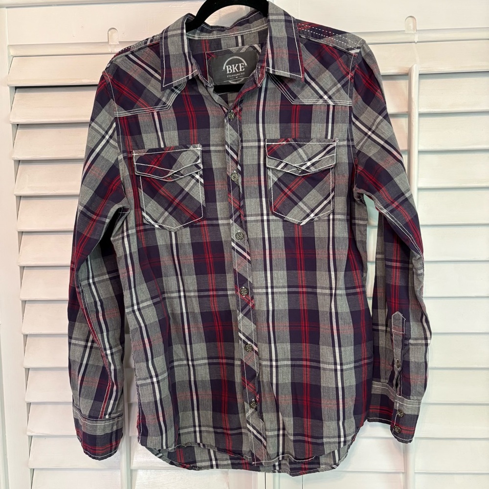 BKE Gray Plaid Button‎ Down Shirt Size Medium